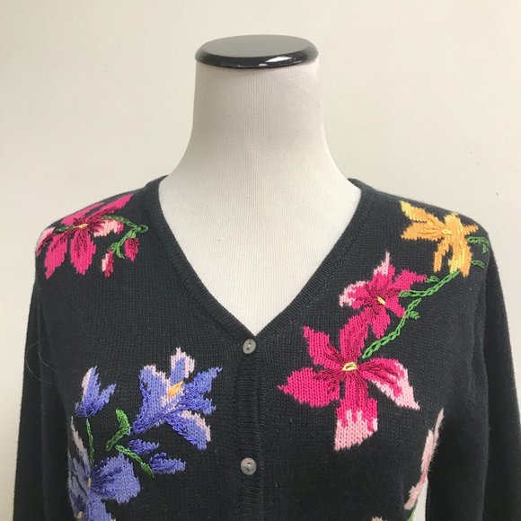 Northern Isles black cotton hand embroidered cardigan sweater pink blue M NWT - Picture 2 of 11